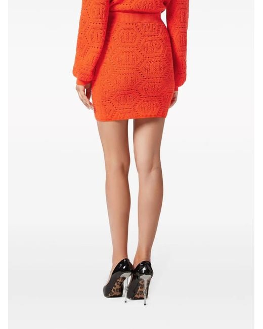 Philipp Plein Orange Minijupe En Maille À Motif Monogrammé