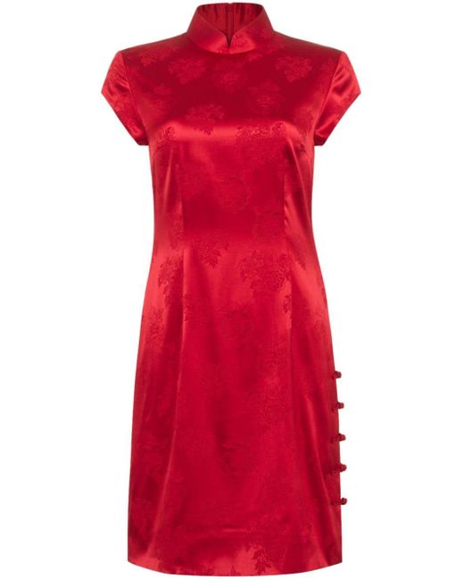 Shanghai Tang Red Jacquard Silk Qipao Dress