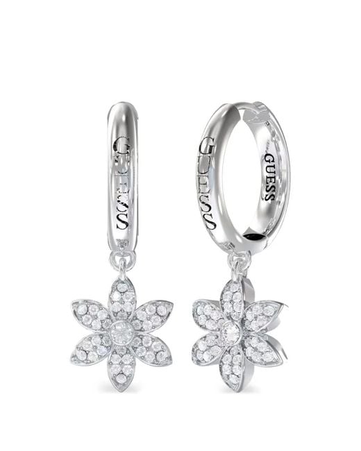Guess White Pavé Flower Huggie Earrings