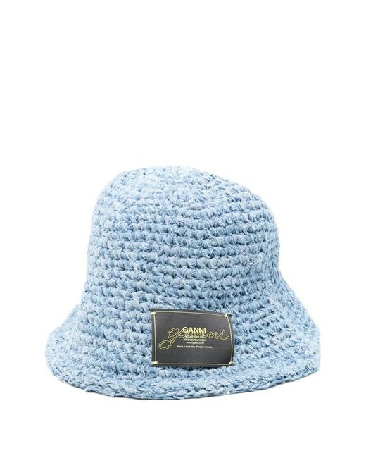 Ganni Blue Denim Handknit Bucket Hat