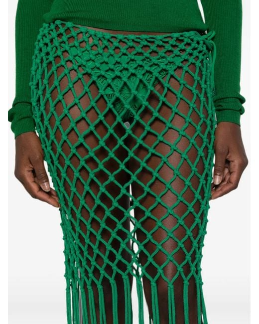 Frankie Shop Green Tropea Macramé-Knit Fringed Midi Skirt