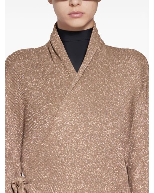 Balenciaga Metalliceffect Sidetie Cardigan in Brown Lyst