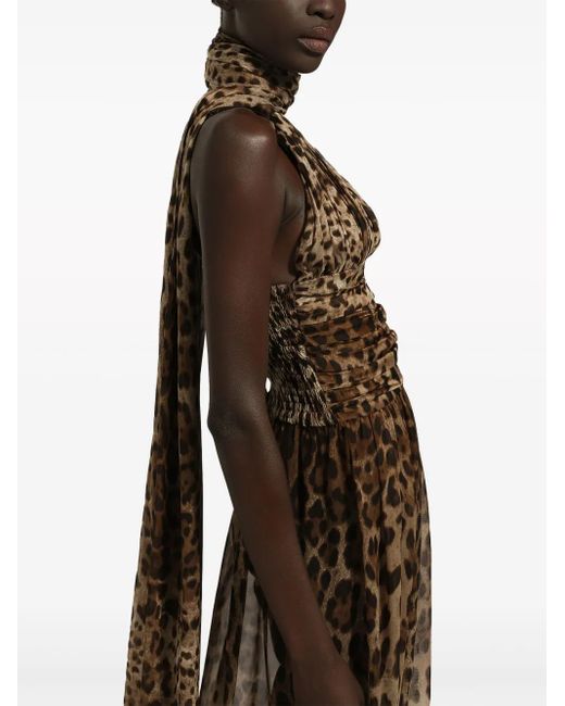 Dolce & Gabbana Natural Leopard-Print Halterneck Silk Gown