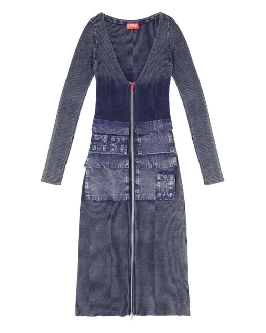 DIESEL Blue Ribbed Zip-Front Pocketed Day Dress