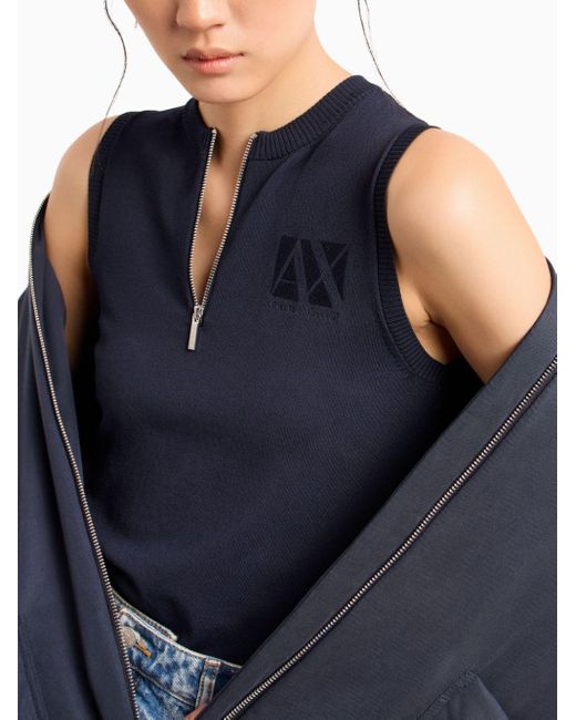 Armani Exchange Blue Logo-embroidered Ribbed-trim Top