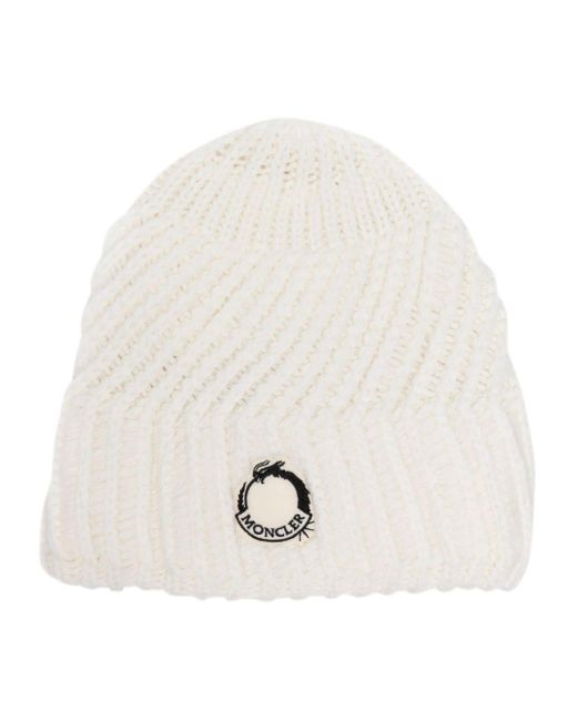 Moncler White Logo-patch Ribbed Beanie