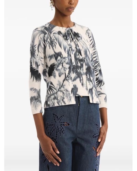 Oscar de la Renta White Chiné Palm Leaves Cardigan