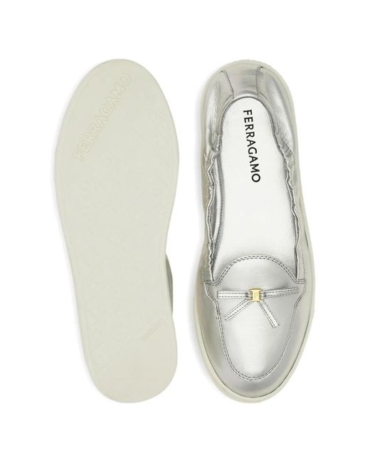Ferragamo White Flexible Loafers With Mini Bow-Detail