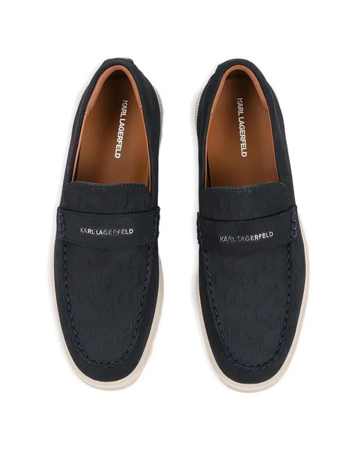 Karl Lagerfeld Blue Monogram-Embossed Leather Loafers for men