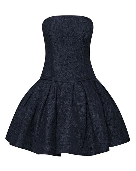 Oscar de la Renta Blue Floral-Embroidery Strapless Dress