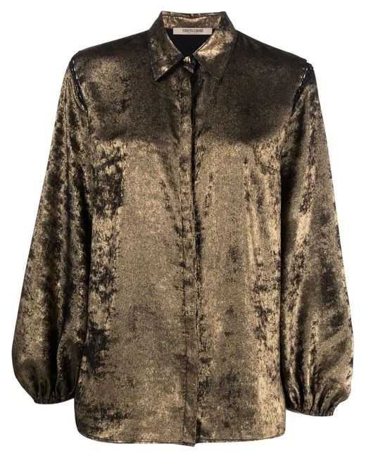 Roberto Cavalli Brown Metallic-Effect Balloon Sleeve Shirt