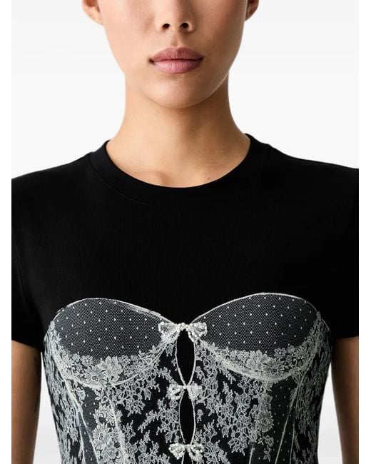 Miss Sixty Black Corset-Print Beaded T-Shirt