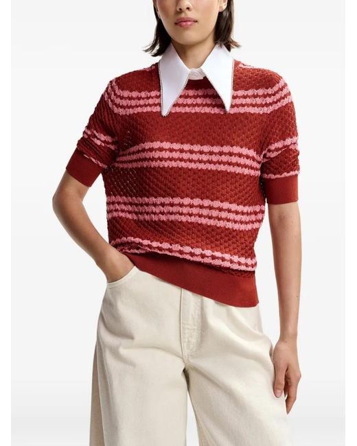 Essentiel Antwerp Red Striped Embellished-Collar T-Shirt
