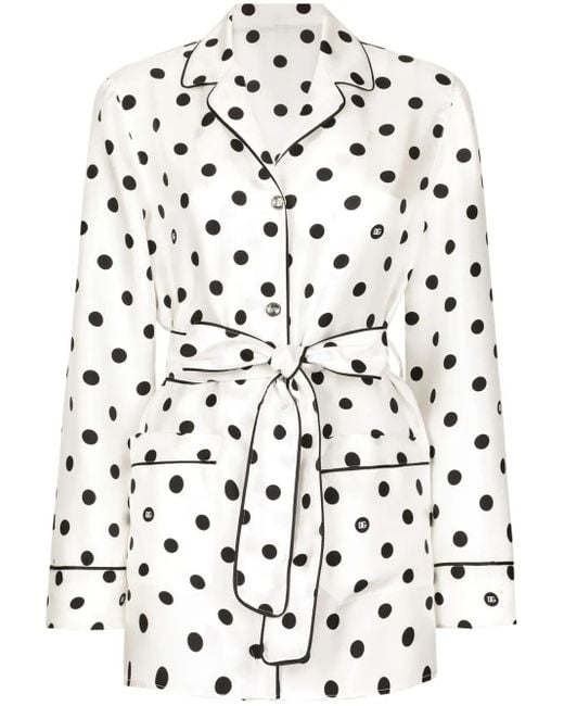 Dolce & Gabbana White Polka-Dot Silk Pajama Shirt