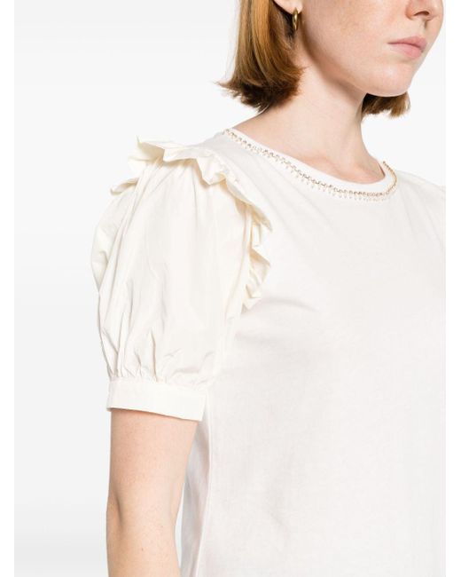 Liu Jo White Rhinestone-embellished Ruffled T-shirt