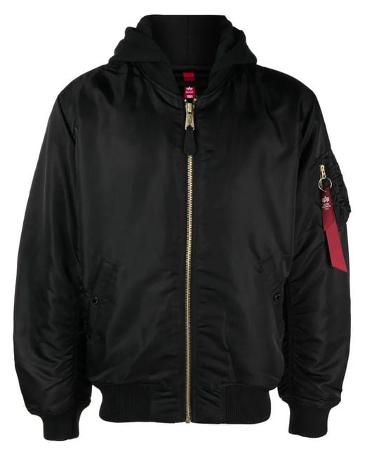 Alpha Industries Black Hooded Padded Bomber Jacket for men