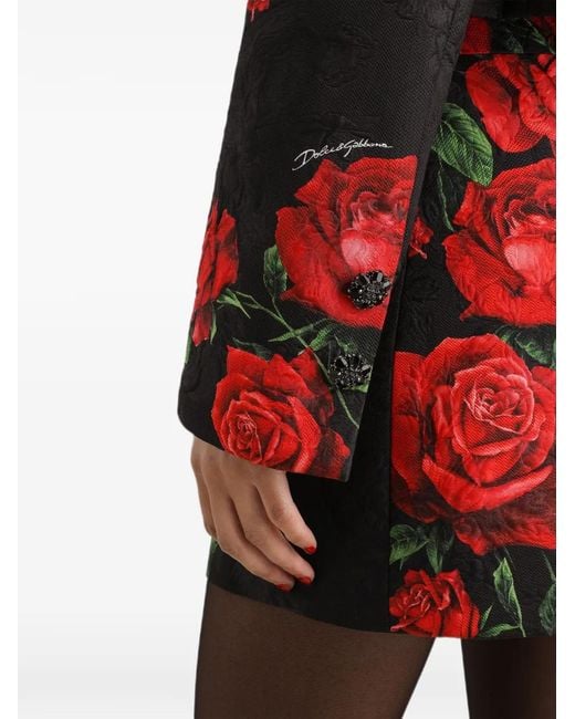 Dolce & Gabbana Red Rose-Print Brocade Jacket With Jewel Buttons