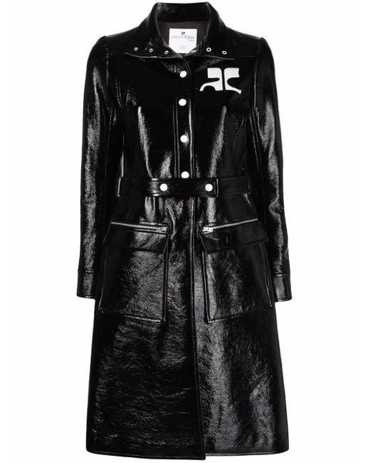 Courreges Black Logo-Print Lacquered-Effect Trench Coat