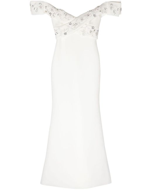 Badgley Mischka White Bead-embellished Off-shoulder Gown