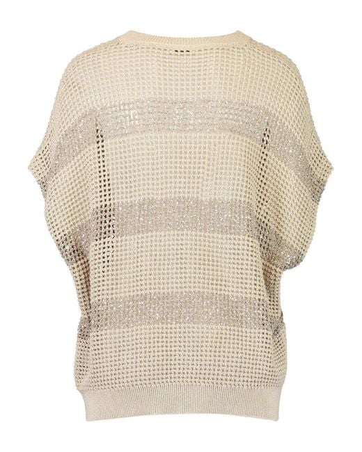 Brunello Cucinelli White Stripe-Pattern Crew-Neck Top