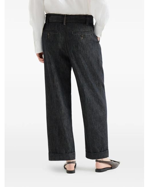 Brunello Cucinelli Black Cotton Denim-Effect Twill Loose Sartorial Trousers With Monili