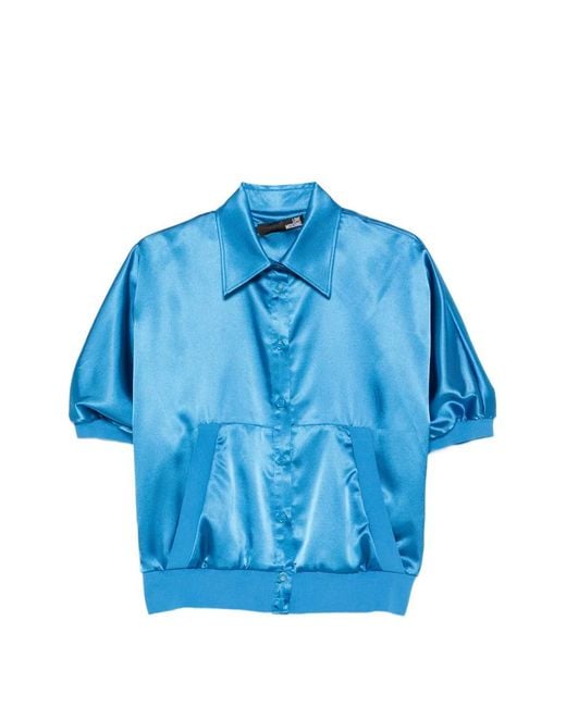 Love Moschino Blue Satin-Finish Logo-Embroidered Shirt