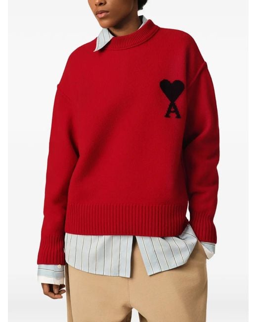 AMI Red Crew-Neck Wool Sweater With Ami De Coeur