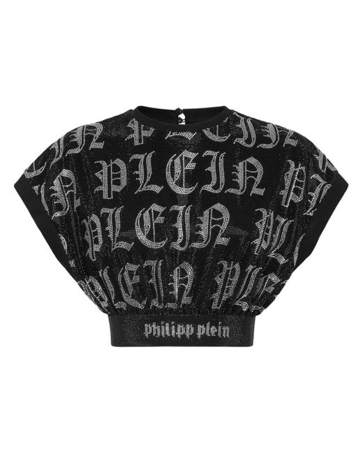 Philipp Plein Black Crystal-embellished Cropped Top
