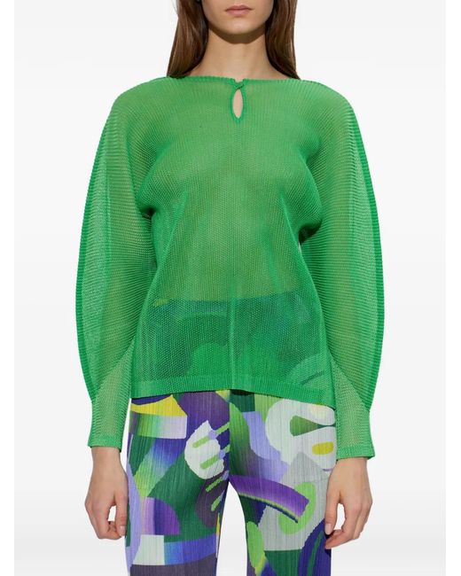 Pleats Please Issey Miyake Tatami April Keyhole-Neck Blouse in