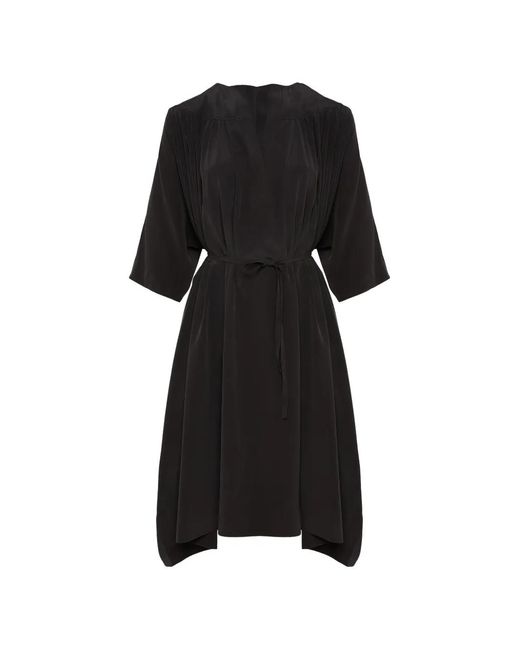 Yves Salomon Black V-Neck Tie Silk Midi Dress