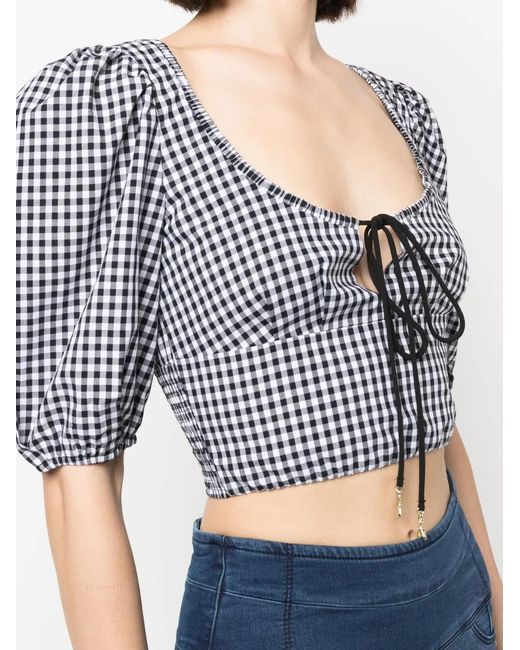 Patrizia Pepe Blue Balloon-Sleeve Gingham-Print Crop Top