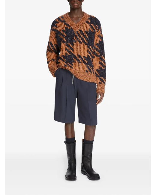Dries Van Noten Brown Houndstooth V-Neck Sweater for men
