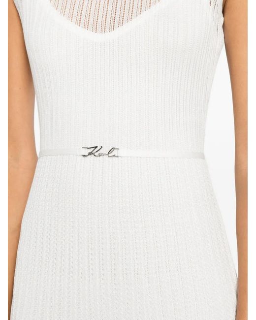 Karl Lagerfeld White Pointelle-Knit Belted Midi Dress