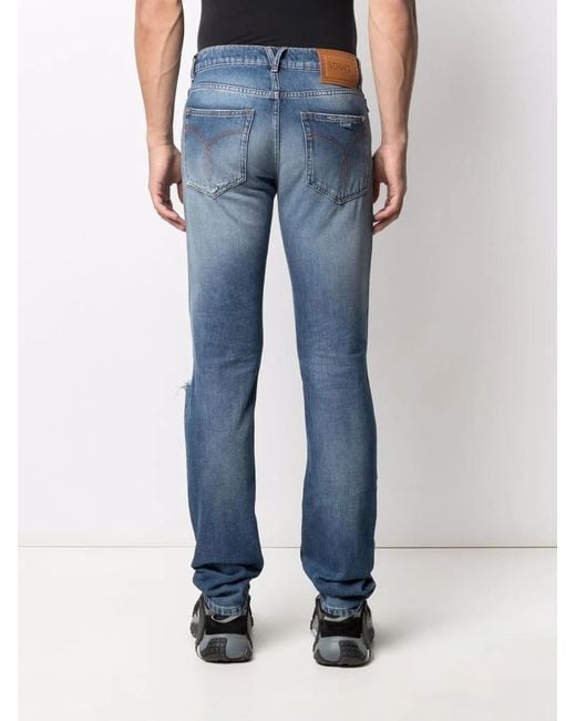 Versace Blue Distressed-Effect Straight-Leg Jeans for men