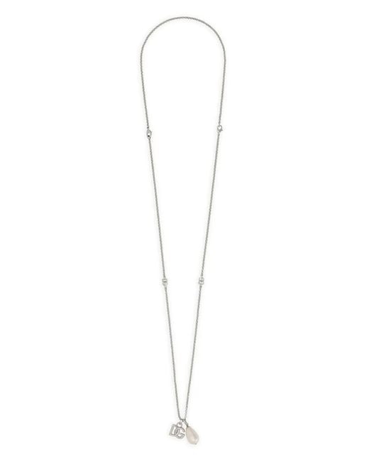 Dolce & Gabbana White Logo-Plaque Pearl-Pendant Necklace for men