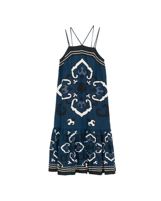 Sea Blue Printed Strap Midi Dress