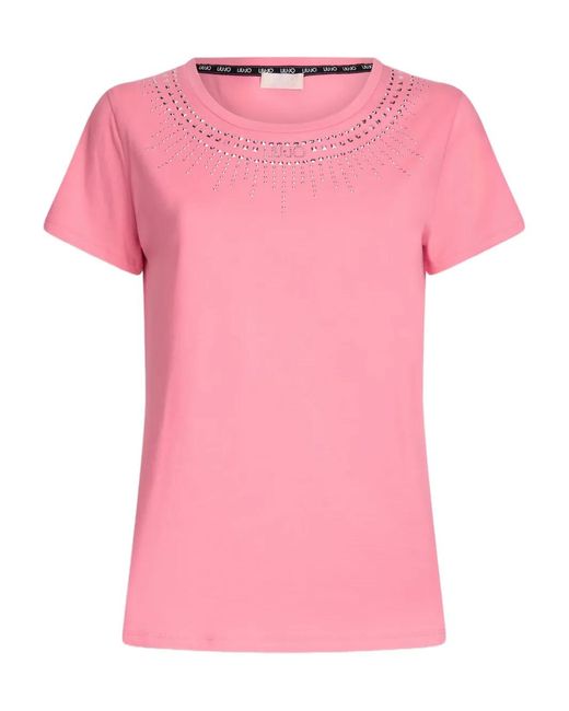 Liu Jo Pink Embellished-Details Cotton T-Shirt