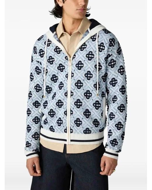 Casablanca Blue Merino Monogram Zip‑Up Hooded Sweatshirt for men