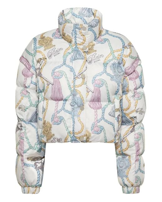 Philipp Plein White Tassel-Key Print Puffer Jacket