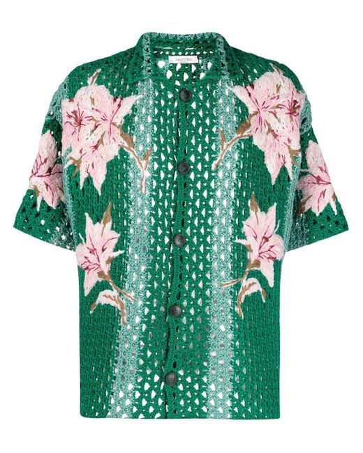 Valentino Green Floral-embroidered Crochet Shirt for men