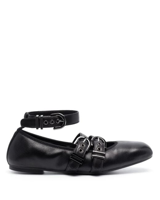 Stuart Weitzman Black Classic Leather Ballerina Flats With Double Buckle Design