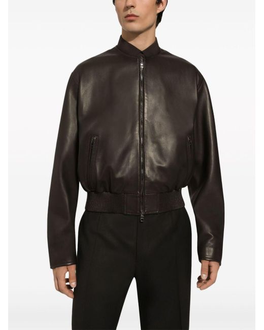 Veste bomber en cuir à design sans col Dolce & Gabbana pour homme en coloris Black