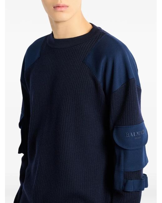 Balmain Blue Wool Vintage Utility Jumper for men