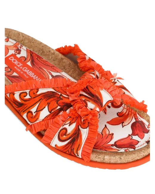 Dolce & Gabbana Red Majolica-Print Brocade Flat Slippers