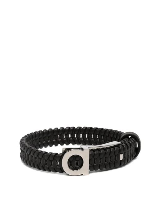 Ferragamo Black Gancini Braided Leather Bracelet for men