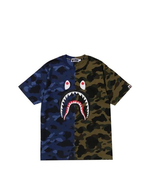 A Bathing Ape Blue Split Camo Shark Cotton T-Shirt for men