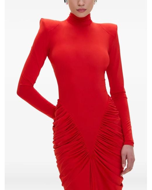V:PM ATELIER Red Adwa Padded-Shoulder Ruched Maxi Dress