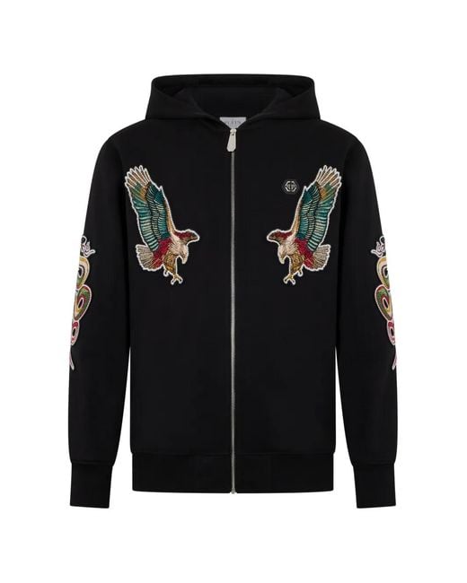 Philipp Plein Black Patch-Embellishment Zip-Up Hoodie for men