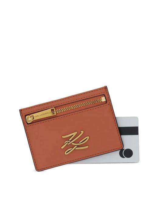 Karl Lagerfeld Brown K/Autograph Logo-Plaque Zip-Pocket Leather Cardholder