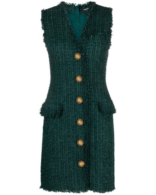 Balmain Green Button-embellished Tweed Mini Dress
